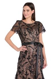 Long Black & Nude Sheer Floral Embroidered Dress with Satin Sash