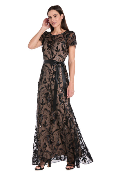 Long Black & Nude Sheer Floral Embroidered Dress with Satin Sash