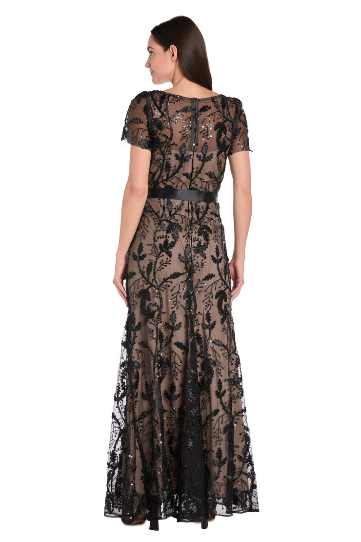 Long Black & Nude Sheer Floral Embroidered Dress with Satin Sash