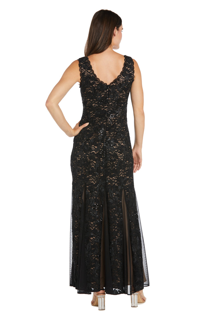 Long Sequined Lace Gown With Godet Skirt Inserts