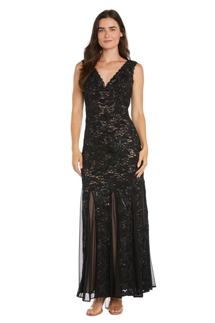 Long Sequined Lace Gown With Godet Skirt Inserts