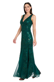 Long Sequined Lace Gown With Godet Skirt Inserts - Petite