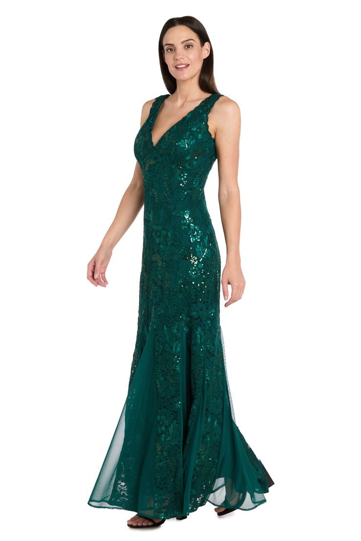 Long Sequined Lace Gown With Godet Skirt Inserts - Petite