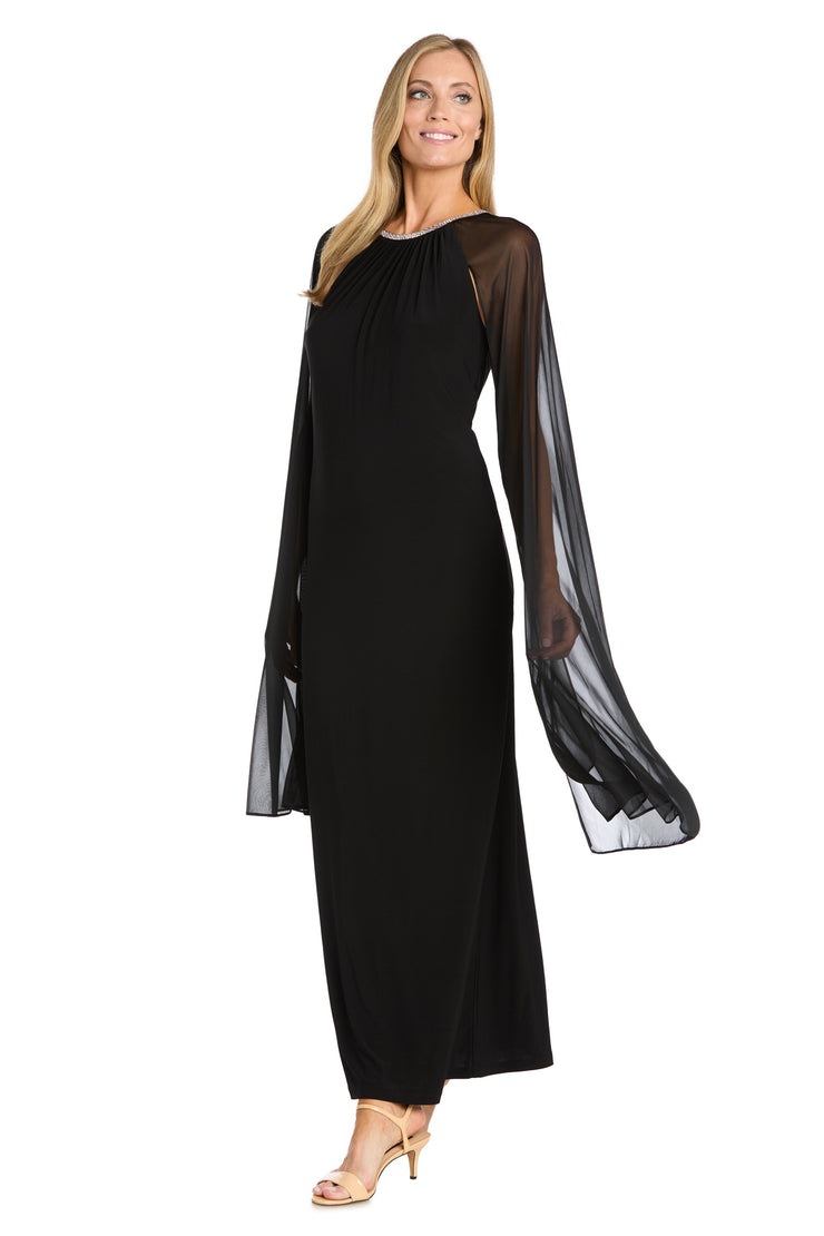 Long Ity Dress With Rhinestone Neck Detailing and Long Back Caplet