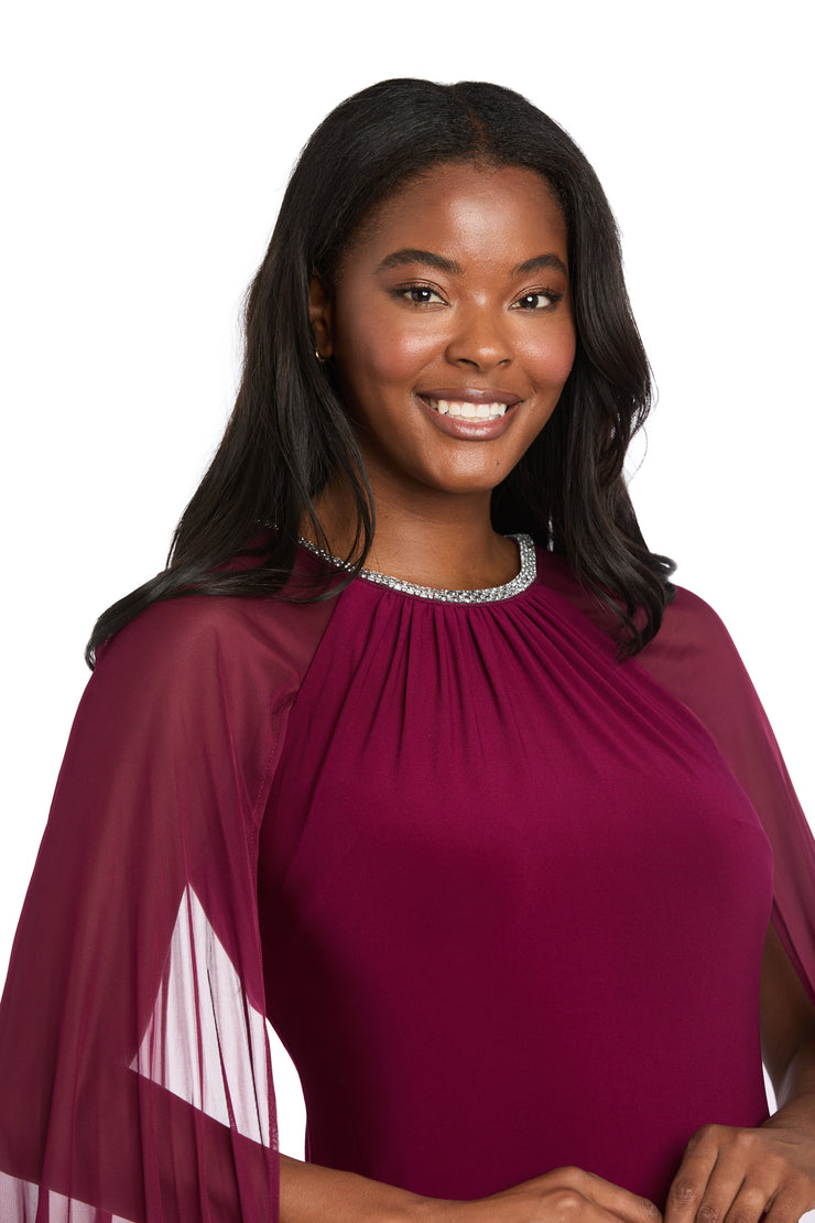 Long Ity Dress With Rhinestone Neck Detailing and Long Back Caplet