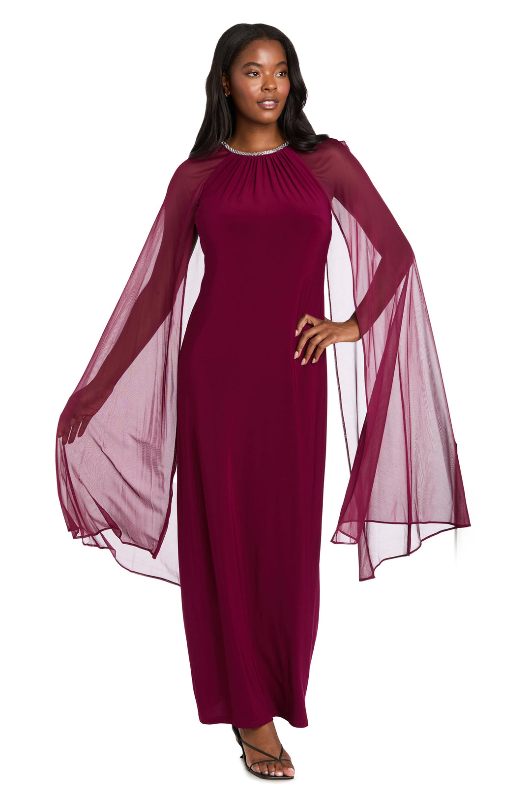 Long Ity Dress With Rhinestone Neck Detailing and Long Back Caplet
