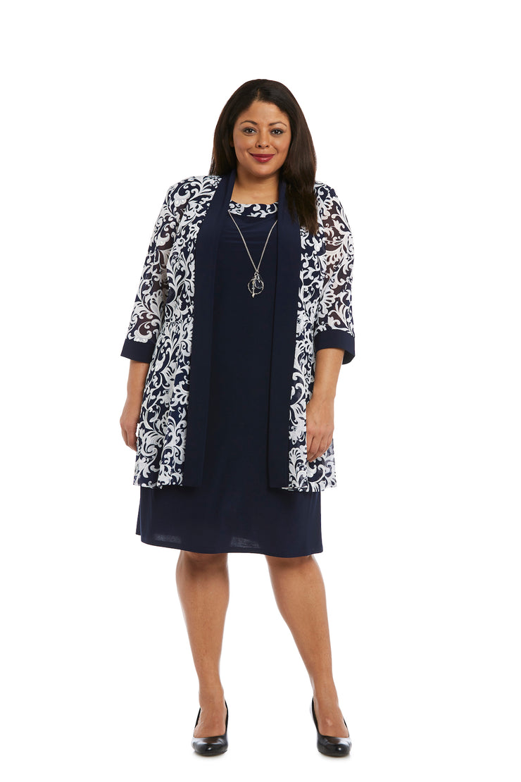 Swirled Daytime Printed Jacket Dress With Detachable Necklace - Plus
