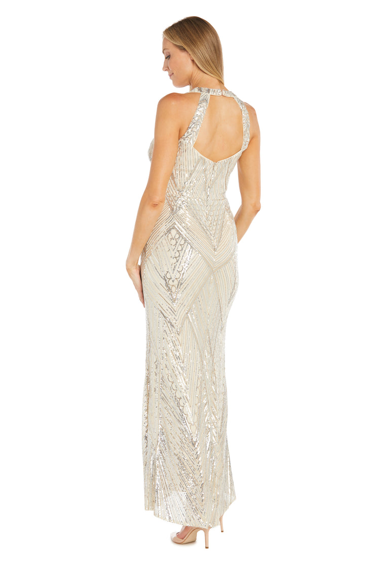 Long Sequin Geometric Dress with v Plunge Neckline and Keyhole Back