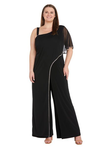 One Shoulder Jumpsuit with Chiffon Overlay and Rhinestone Trim -  Plus