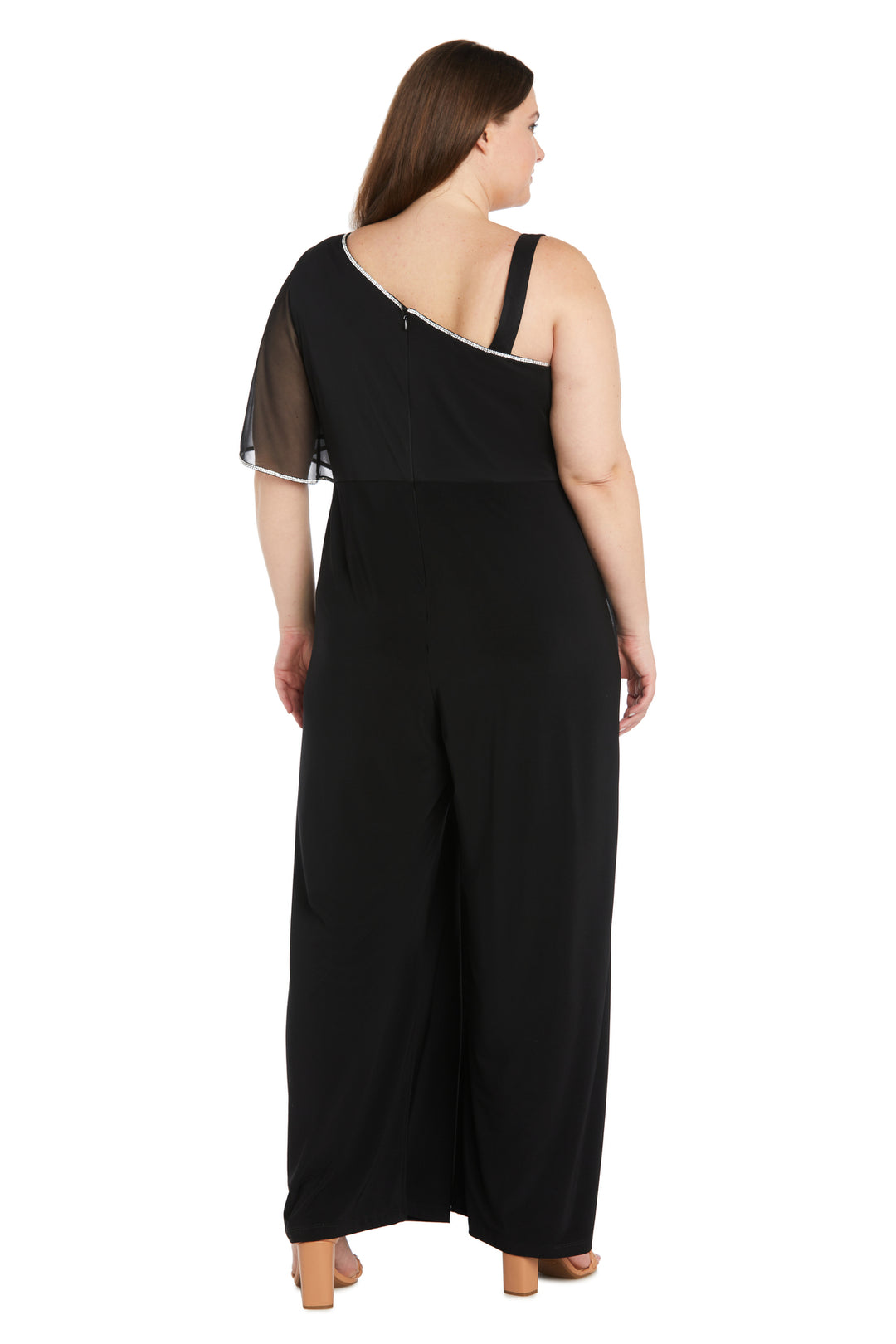 One Shoulder Jumpsuit with Chiffon Overlay and Rhinestone