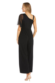 One Shoulder Jumpsuit with Chiffon Overlay and Rhinestone Trim