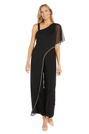 One Shoulder Jumpsuit with Chiffon Overlay and Rhinestone Trim