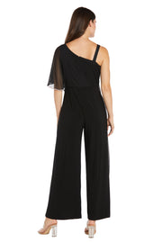 One-Shoulder Sheer Cape Black Jumpsuit-Petite