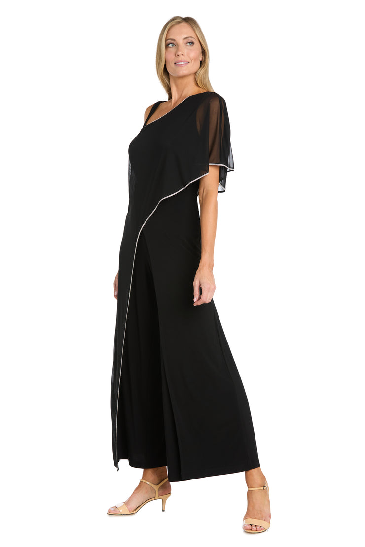 One-Shoulder Sheer Cape Black Jumpsuit