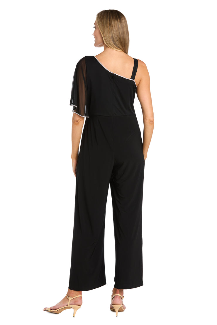One-Shoulder Sheer Cape Black Jumpsuit