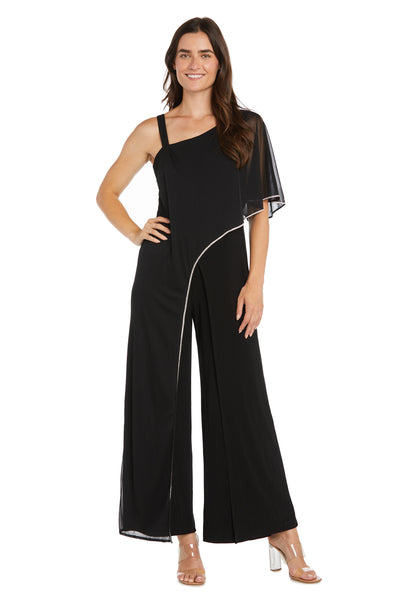 One-Shoulder Sheer Cape Black Jumpsuit-Petite