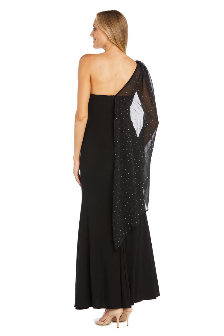 One Shoulder Long Caplet Gown with Rhinestone Beading