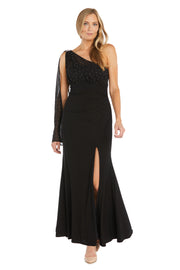 One Shoulder Long Caplet Gown with Rhinestone Beading