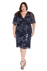 Sequin Floral Cocktail Dress with Sheer Overlay Cape - Plus