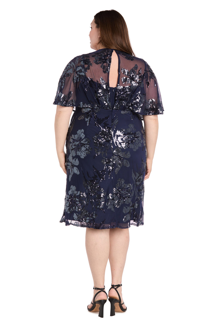 Sequin Floral Cocktail Dress with Sheer Overlay Cape - Plus