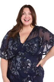 Sequin Floral Cocktail Dress with Sheer Overlay Cape - Plus