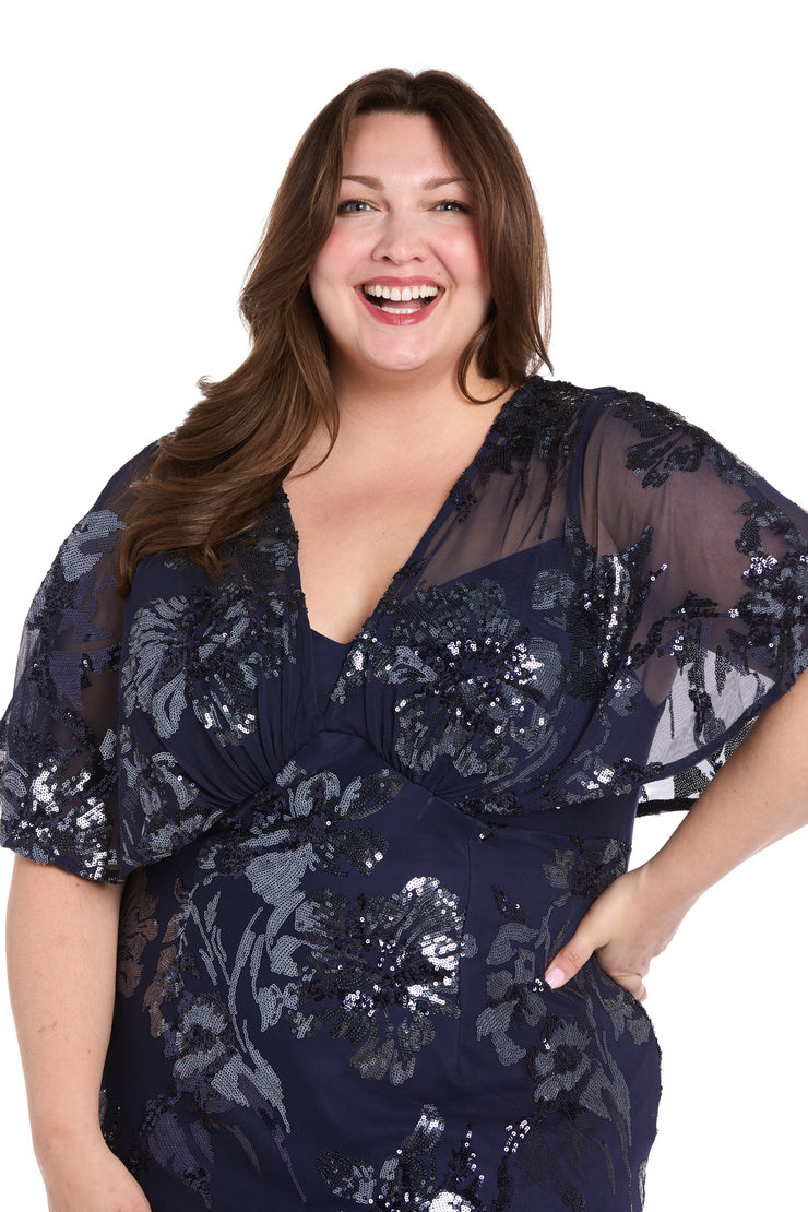 Sequin Floral Cocktail Dress with Sheer Overlay Cape - Plus