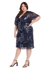 Sequin Floral Cocktail Dress with Sheer Overlay Cape - Plus