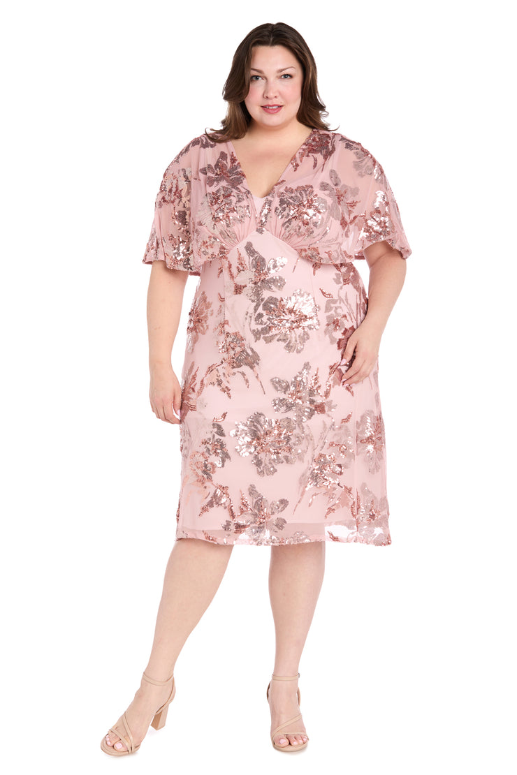 Sequin Floral Cocktail Dress with Sheer Overlay Cape - Plus
