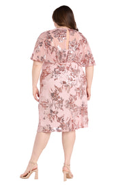 Sequin Floral Cocktail Dress with Sheer Overlay Cape - Plus