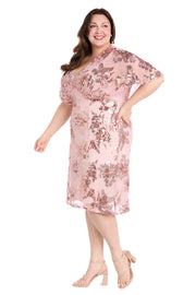 Sequin Floral Cocktail Dress with Sheer Overlay Cape - Plus