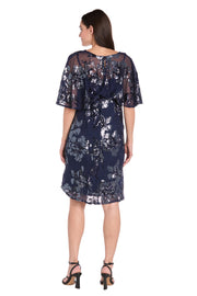 Sequin Floral Cocktail Dress with Sheer Overlay Cape - Petite