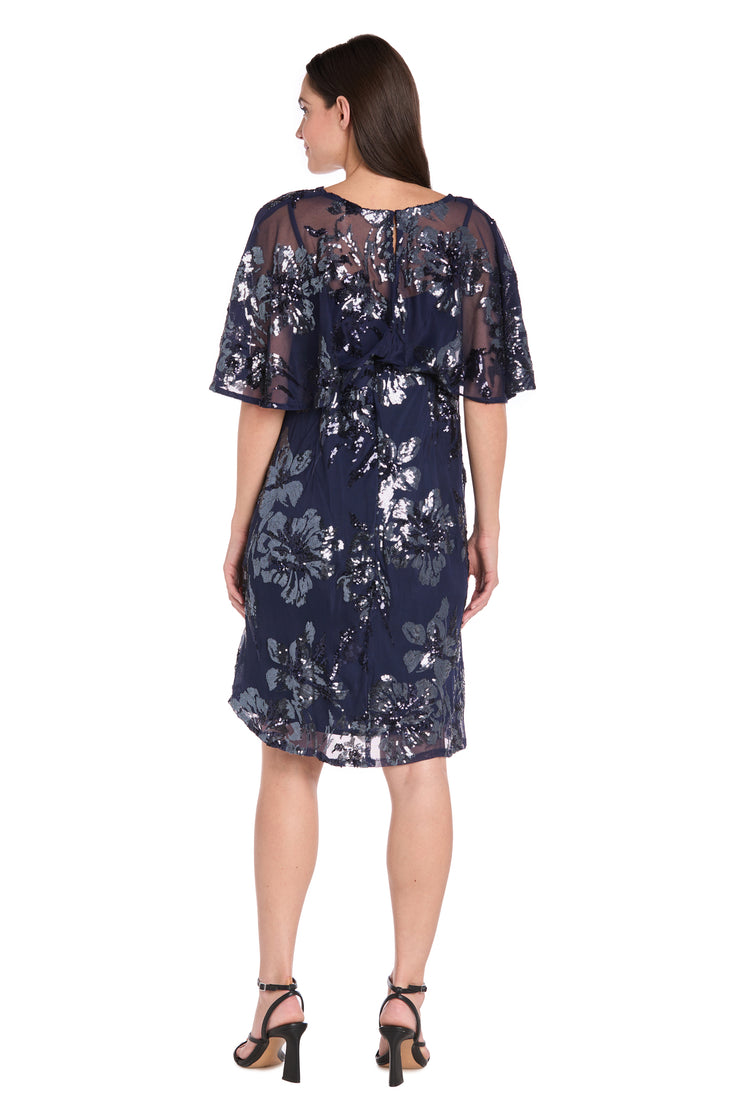 Sequin Floral Cocktail Dress with Sheer Overlay Cape - Petite