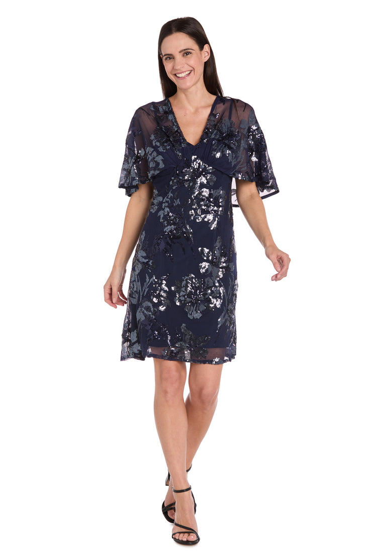 Sequin Floral Cocktail Dress with Sheer Overlay Cape - Petite