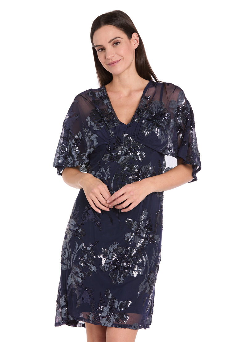 Sequin Floral Cocktail Dress with Sheer Overlay Cape - Petite