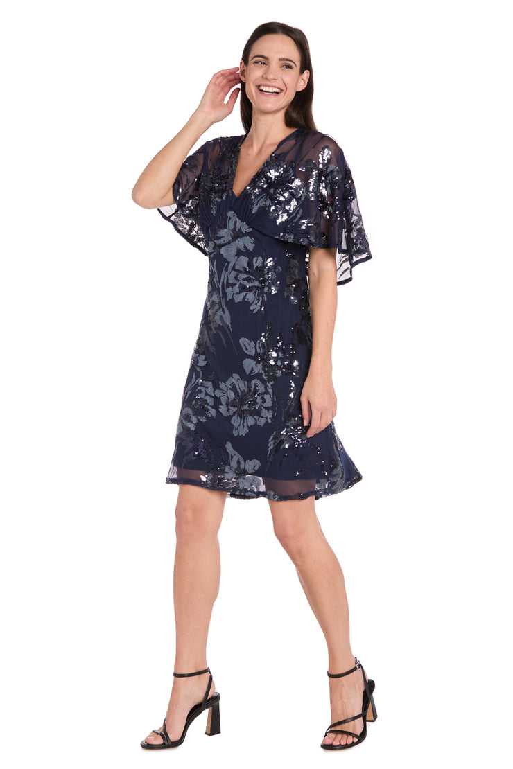 Sequin Floral Cocktail Dress with Sheer Overlay Cape - Petite