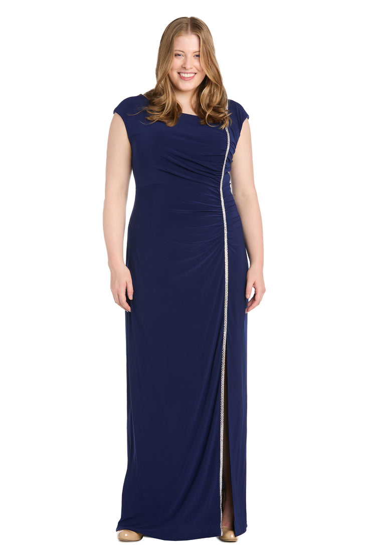 Long Ity Dress with Asymmetrical Top and Rhinestone Trim - Plus