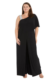 Asymmetric Jumpsuit with Overlay and Rhinestone Shoulder Strap - Plus