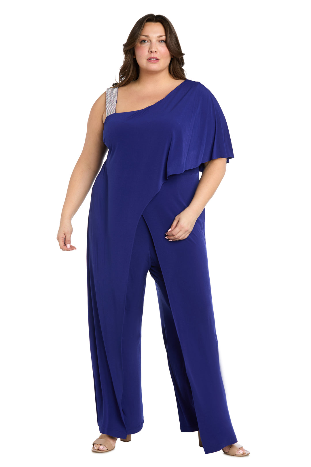 Asymmetric Jumpsuit with Overlay and Rhinestone Shoulder Strap