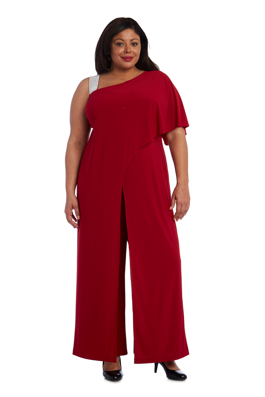 Asymmetric Jumpsuit with Overlay and Rhinestone Shoulder Strap