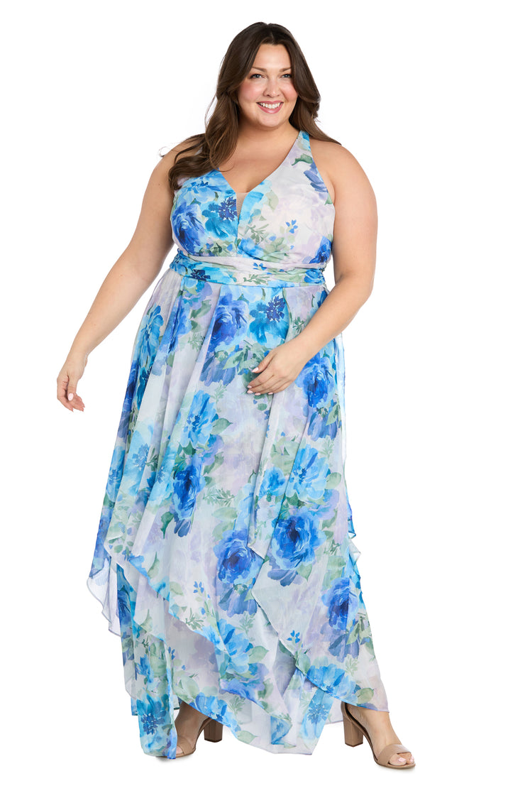 Flowy Chiffon Maxi Dress with Blue and Lavender Floral Print and Ruffled Tiered Skirt - Plus