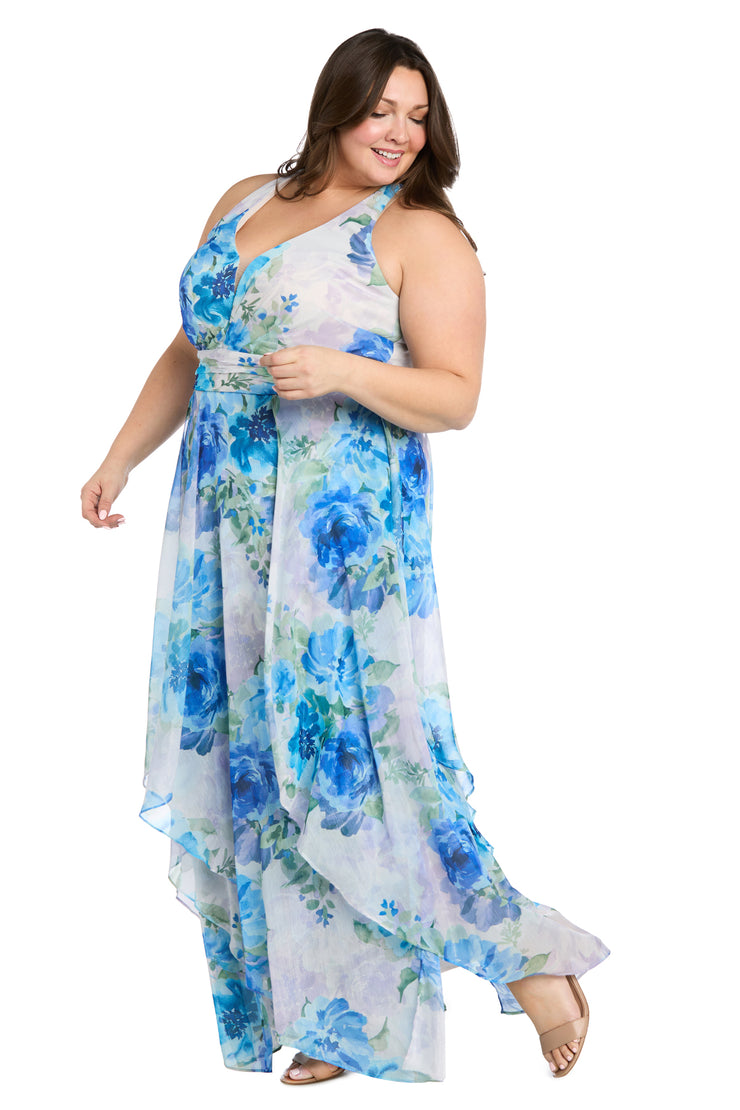 Flowy Chiffon Maxi Dress with Blue and Lavender Floral Print and Ruffled Tiered Skirt - Plus