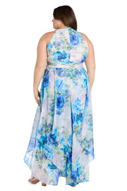 Flowy Chiffon Maxi Dress with Blue and Lavender Floral Print and Ruffled Tiered Skirt - Plus