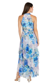 Flowy Chiffon Maxi Dress with Blue and Lavender Floral Print and Ruffled Tiered Skirt