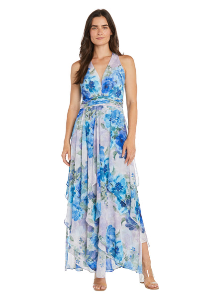 Flowy Chiffon Maxi Dress with Blue and Lavender Floral Print and Ruffled Tiered Skirt