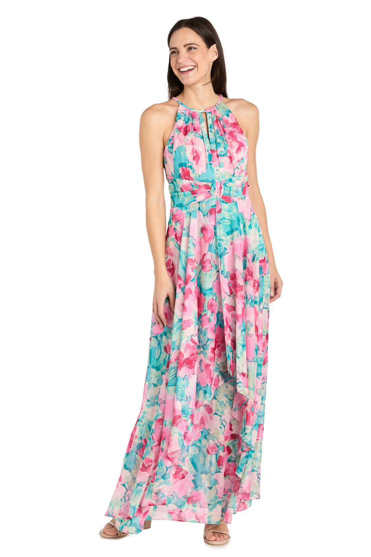 R & M Richards Women's Floral-print Halter Gown - Jade/Pink - 8 R & M Richards Women's Floral-print Halter Gown - Jade/Pink - 8