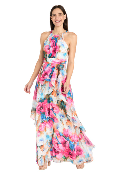R & M Richards Women's Floral Chiffon Ruffle-Skirt Halter Dress - Fuchsia - Size 16 R & M Richards Women's Floral Chiffon Ruffle-Skirt Halter Dress - Fuchsia - Size 16