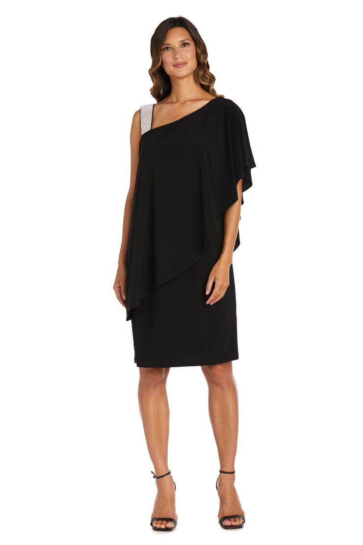 Asymmetric Knee Length Dress with Draped Shoulder and Diamante Strap