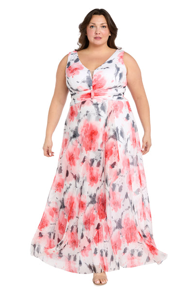 Coral and Ivory Chiffon Maxi Dress with Nude V-Neck Insert - Plus