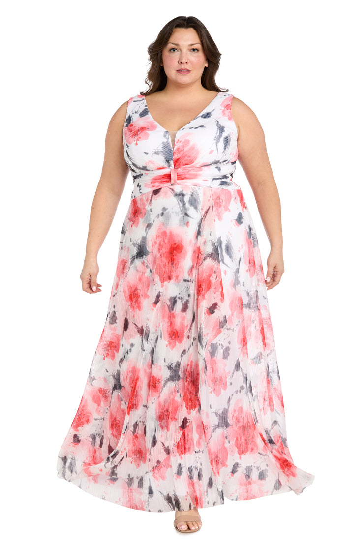 Coral and Ivory Chiffon Maxi Dress with Nude V-Neck Insert - Plus