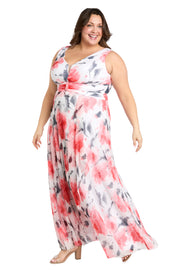 Coral and Ivory Chiffon Maxi Dress with Nude V-Neck Insert - Plus